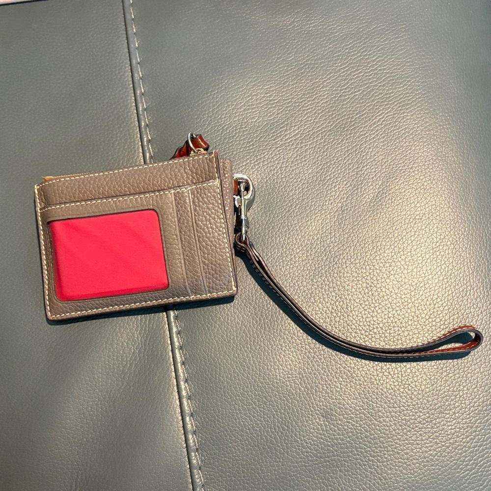 Dooney & Bourke Gray Leather Wristlet Card Case with Red ID Window